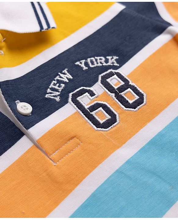 Babyhug Single Jersey Knit Half Sleeves Striped T-Shirt & Denim Shorts Set With Varsity Print - Blue