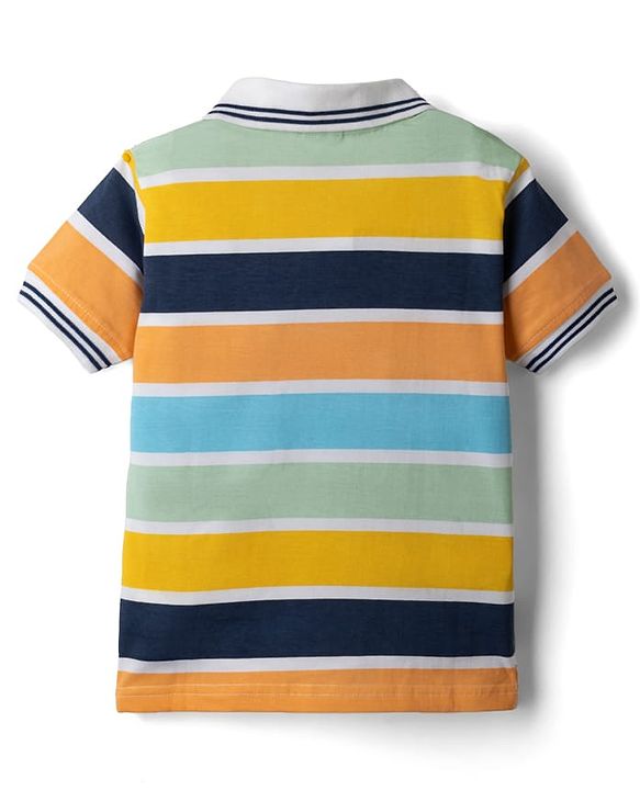 Babyhug Single Jersey Knit Half Sleeves Striped T-Shirt & Denim Shorts Set With Varsity Print - Blue
