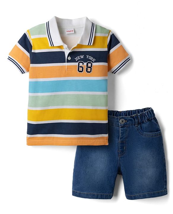 Babyhug Single Jersey Knit Half Sleeves Striped T-Shirt & Denim Shorts Set With Varsity Print - Blue