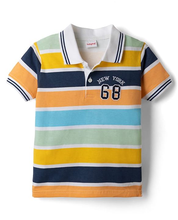 Babyhug Single Jersey Knit Half Sleeves Striped T-Shirt & Denim Shorts Set With Varsity Print - Blue