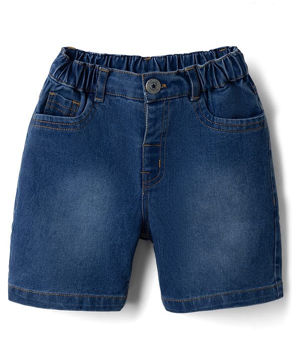 Babyhug Single Jersey Knit Half Sleeves Striped T-Shirt & Denim Shorts Set With Varsity Print - Blue
