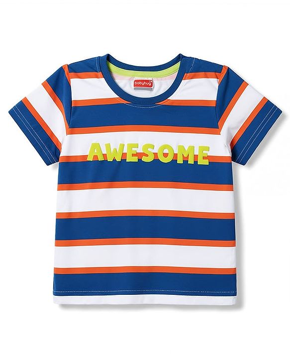 Babyhug 100% Cotton Knit Half Sleeves Striped & Text Printed T-Shirt & Cargo Shorts Set With Patch - Beige & Blue