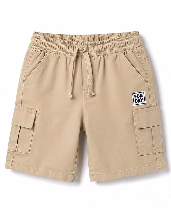 Babyhug 100% Cotton Knit Half Sleeves Striped & Text Printed T-Shirt & Cargo Shorts Set With Patch - Beige & Blue