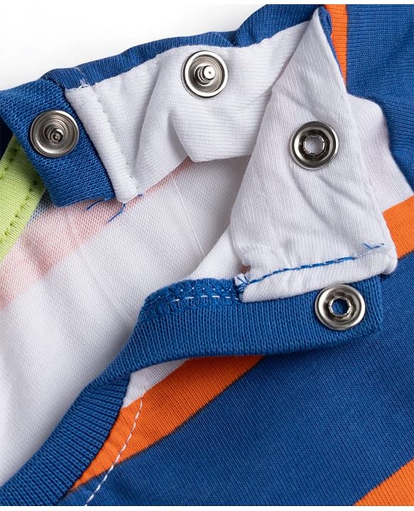 Babyhug 100% Cotton Knit Half Sleeves Striped & Text Printed T-Shirt & Cargo Shorts Set With Patch - Beige & Blue