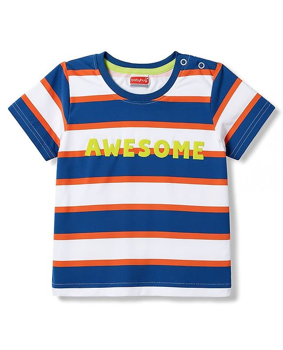 Babyhug 100% Cotton Knit Half Sleeves Striped & Text Printed T-Shirt & Cargo Shorts Set With Patch - Beige & Blue
