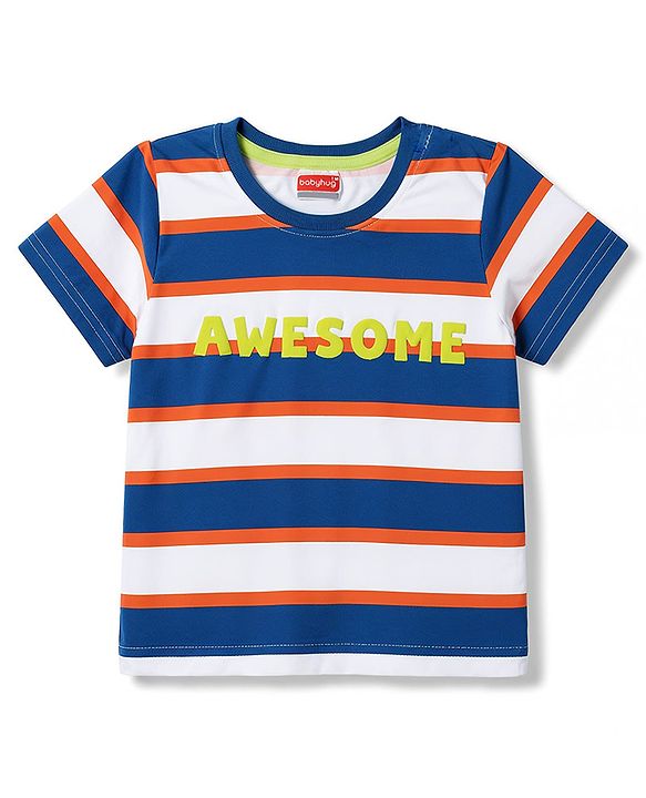 Babyhug 100% Cotton Knit Half Sleeves Striped & Text Printed T-Shirt & Cargo Shorts Set With Patch - Beige & Blue