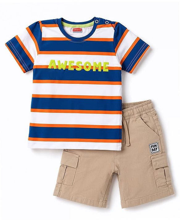 Babyhug 100% Cotton Knit Half Sleeves Striped & Text Printed T-Shirt & Cargo Shorts Set With Patch - Beige & Blue