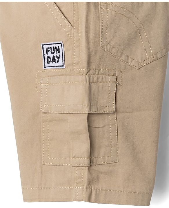 Babyhug 100% Cotton Knit Half Sleeves Striped & Text Printed T-Shirt & Cargo Shorts Set With Patch - Beige & Blue