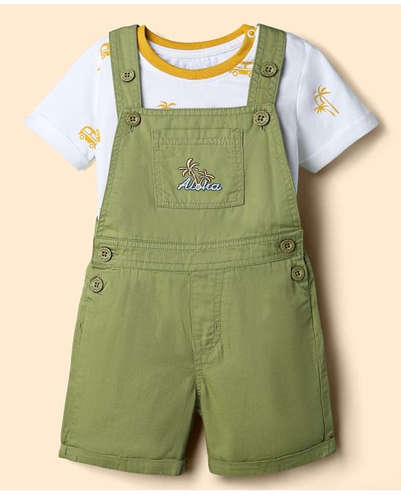Babyhug 100% Cotton Slub Jersey Knit Half Sleeves Vehicle Printed Tee With Tree Embroidered Dungaree - Green & White