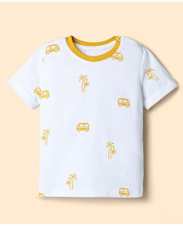 Babyhug 100% Cotton Slub Jersey Knit Half Sleeves Vehicle Printed Tee With Tree Embroidered Dungaree - Green & White
