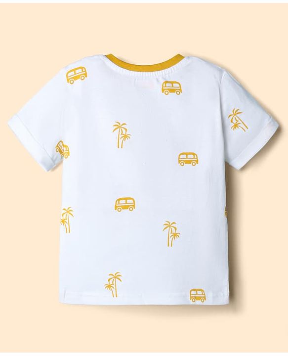 Babyhug 100% Cotton Slub Jersey Knit Half Sleeves Vehicle Printed Tee With Tree Embroidered Dungaree - Green & White