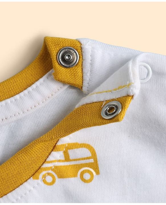 Babyhug 100% Cotton Slub Jersey Knit Half Sleeves Vehicle Printed Tee With Tree Embroidered Dungaree - Green & White
