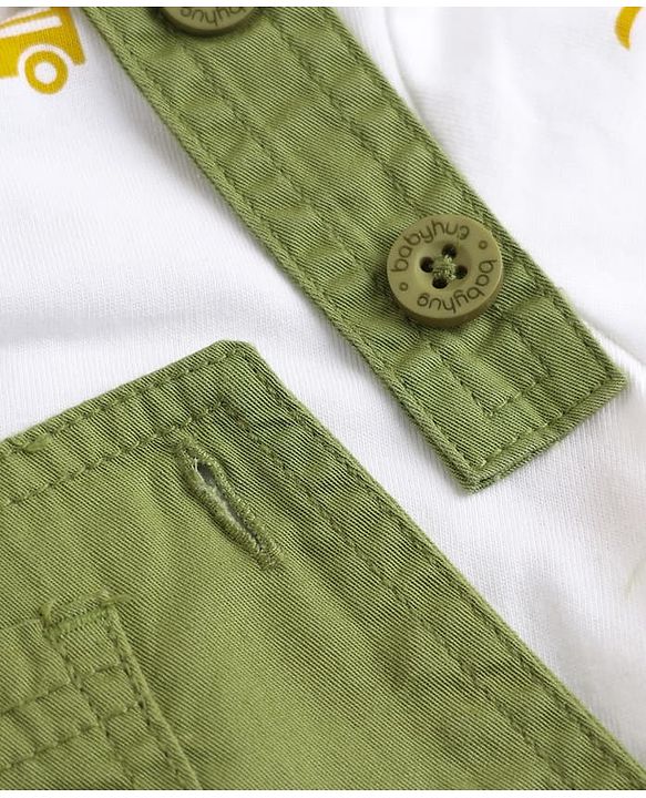Babyhug 100% Cotton Slub Jersey Knit Half Sleeves Vehicle Printed Tee With Tree Embroidered Dungaree - Green & White