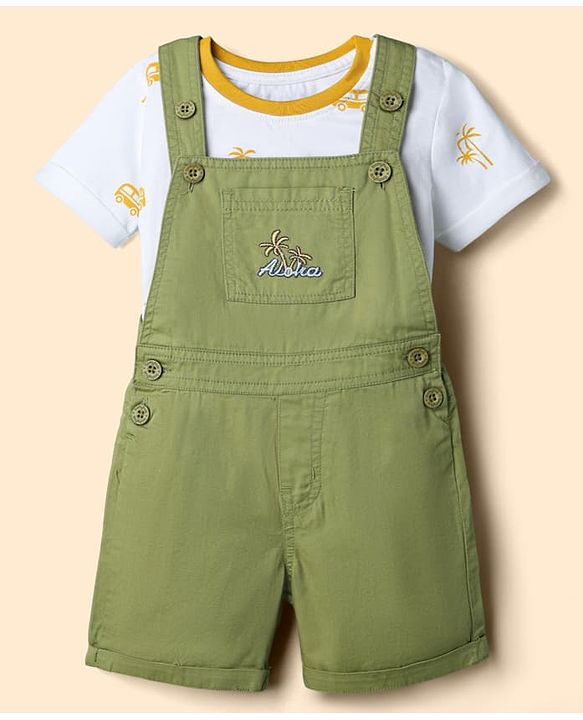 Babyhug 100% Cotton Slub Jersey Knit Half Sleeves Vehicle Printed Tee With Tree Embroidered Dungaree - Green & White