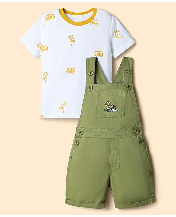 Babyhug 100% Cotton Slub Jersey Knit Half Sleeves Vehicle Printed Tee With Tree Embroidered Dungaree - Green & White