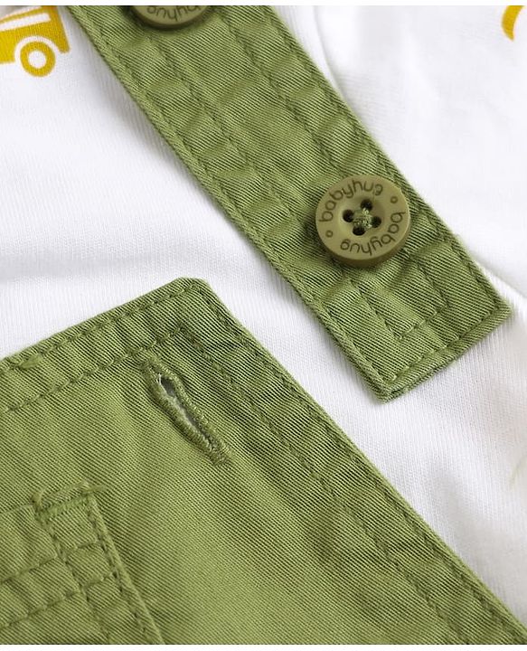 Babyhug 100% Cotton Slub Jersey Knit Half Sleeves Vehicle Printed Tee With Tree Embroidered Dungaree - Green & White