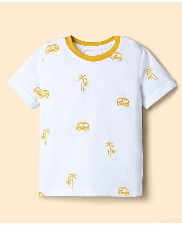 Babyhug 100% Cotton Slub Jersey Knit Half Sleeves Vehicle Printed Tee With Tree Embroidered Dungaree - Green & White