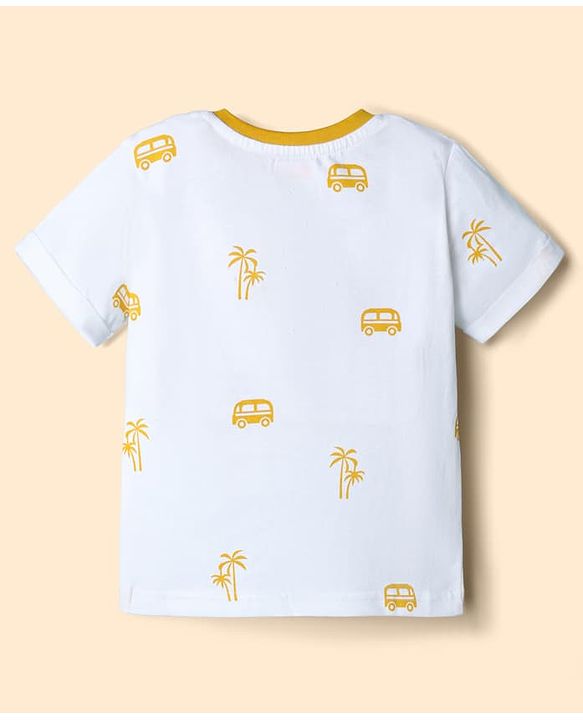 Babyhug 100% Cotton Slub Jersey Knit Half Sleeves Vehicle Printed Tee With Tree Embroidered Dungaree - Green & White