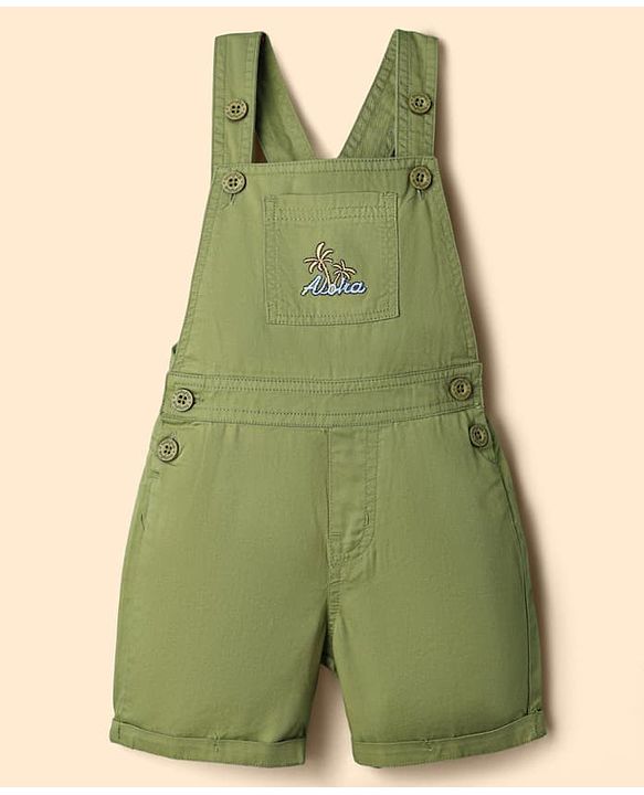 Babyhug 100% Cotton Slub Jersey Knit Half Sleeves Vehicle Printed Tee With Tree Embroidered Dungaree - Green & White