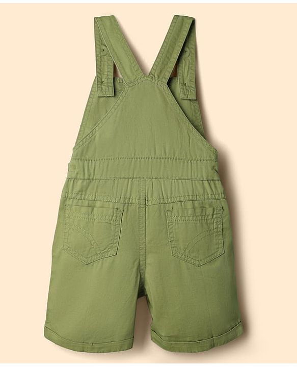 Babyhug 100% Cotton Slub Jersey Knit Half Sleeves Vehicle Printed Tee With Tree Embroidered Dungaree - Green & White