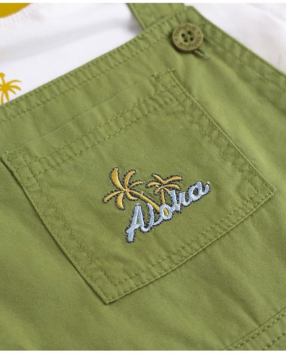 Babyhug 100% Cotton Slub Jersey Knit Half Sleeves Vehicle Printed Tee With Tree Embroidered Dungaree - Green & White
