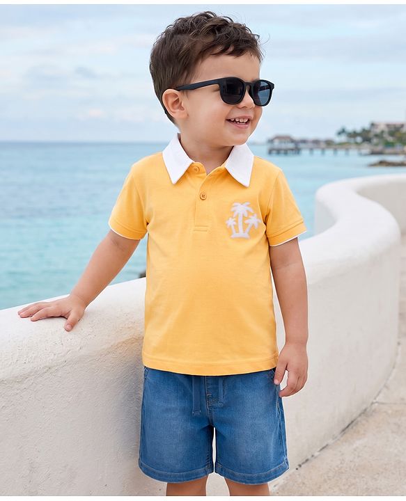 Babyhug Single Jersey Knit Half Sleeves Palm Tree Embroidered T-Shirt & Denim Shorts Set - Orange & Blue