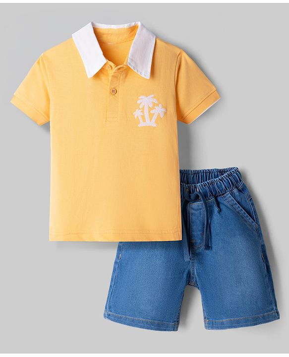 Babyhug Single Jersey Knit Half Sleeves Palm Tree Embroidered T-Shirt & Denim Shorts Set - Orange & Blue