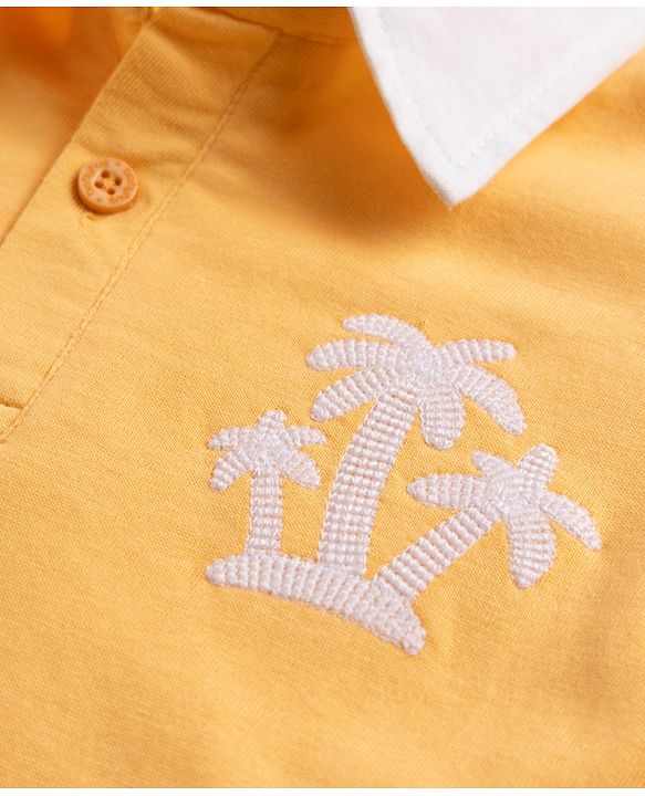 Babyhug Single Jersey Knit Half Sleeves Palm Tree Embroidered T-Shirt & Denim Shorts Set - Orange & Blue