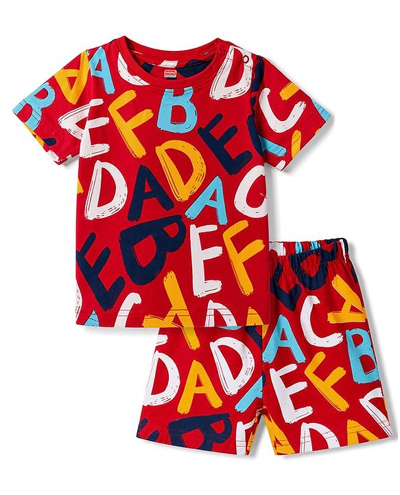 Babyhug 100% Cotton Knit Half sleeves T-shirts & Shorts Night Suit With Alphabets Print - Red