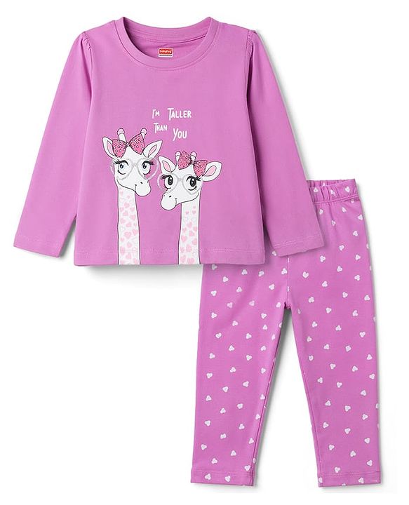 Babyhug 100% Cotton Knit Full Sleeves T-Shirt & Pyjama Night Suit With Giraffe & Heart Print - Pink
