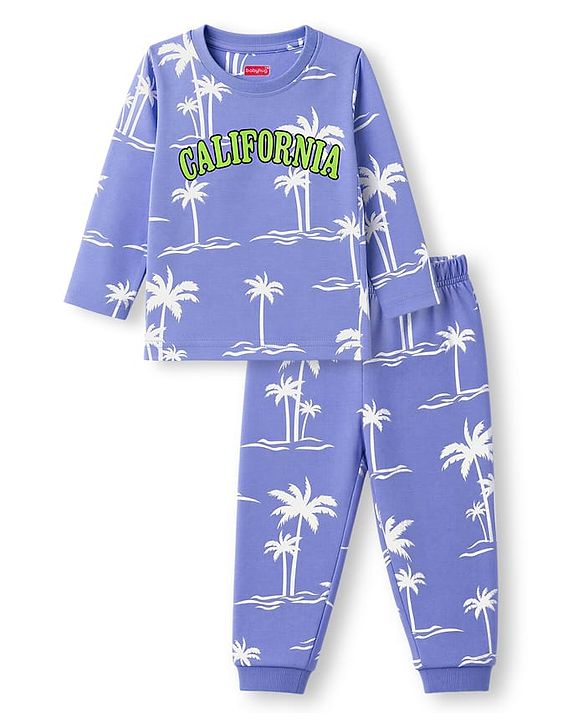 Babyhug 100% Cotton Knit Full Sleeves T-Shirt & Pyjama Night Suit Co-ords With Tropical & Text Print - Blue