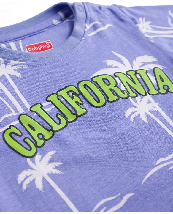 Babyhug 100% Cotton Knit Full Sleeves T-Shirt & Pyjama Night Suit Co-ords With Tropical & Text Print - Blue