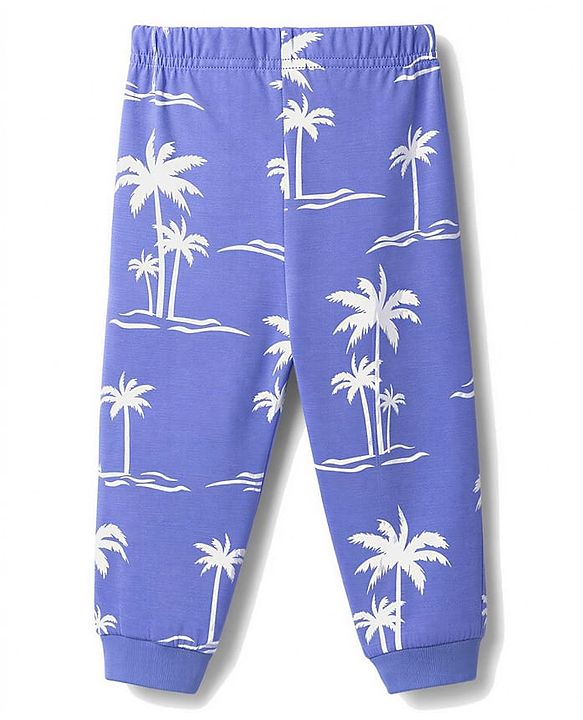Babyhug 100% Cotton Knit Full Sleeves T-Shirt & Pyjama Night Suit Co-ords With Tropical & Text Print - Blue