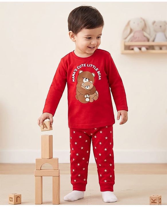 Babyhug 100% Cotton Knit Full Sleeves Bear Printed T-Shirt & Pyjama Night Suit - Red