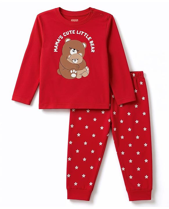Babyhug 100% Cotton Knit Full Sleeves Bear Printed T-Shirt & Pyjama Night Suit - Red