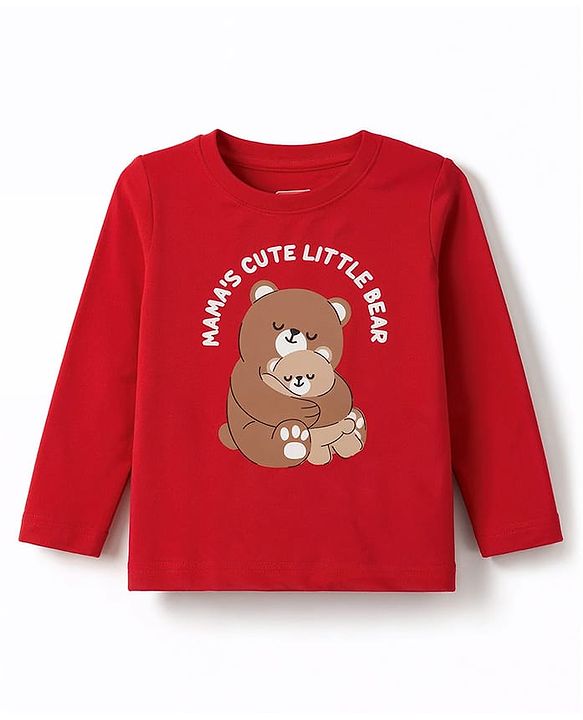 Babyhug 100% Cotton Knit Full Sleeves Bear Printed T-Shirt & Pyjama Night Suit - Red