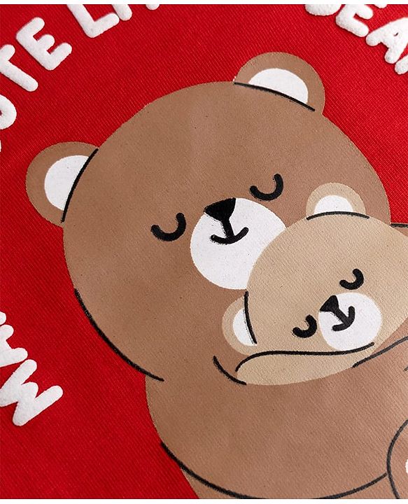 Babyhug 100% Cotton Knit Full Sleeves Bear Printed T-Shirt & Pyjama Night Suit - Red