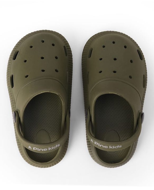 Pine Kids Back Strap Closure Solid Clogs - Olive Green