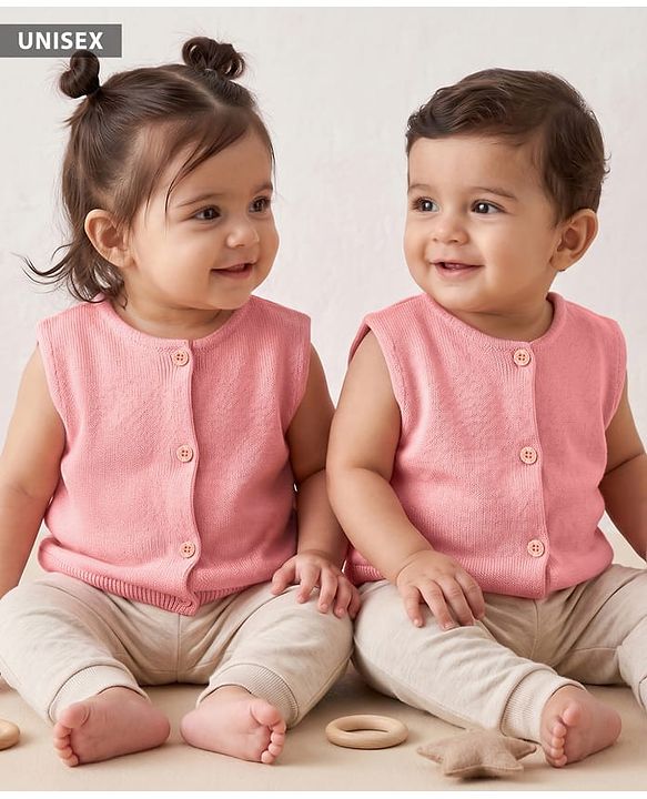 Babyhug Knit Sleeveless Solid Front Open Sweater - Pink