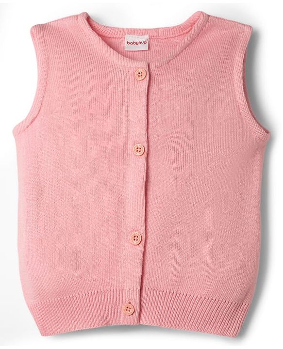 Babyhug Knit Sleeveless Solid Front Open Sweater - Pink