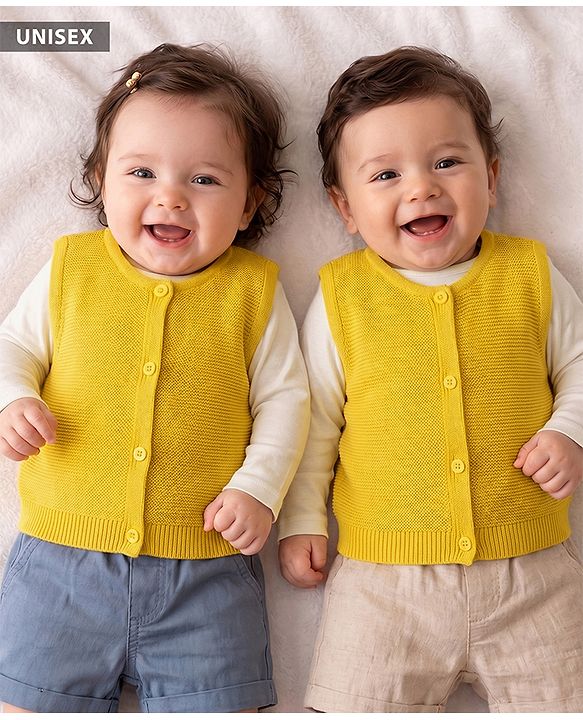 Babyhug Knit Sleeveless Solid Front Open Sweater - Yellow