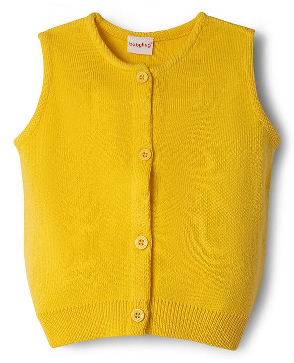 Babyhug Knit Sleeveless Solid Front Open Sweater - Yellow