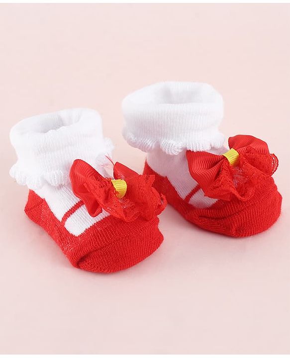 Cute Walk by Babyhug Fabric Socks Shoes With Large Bow Applique - Red