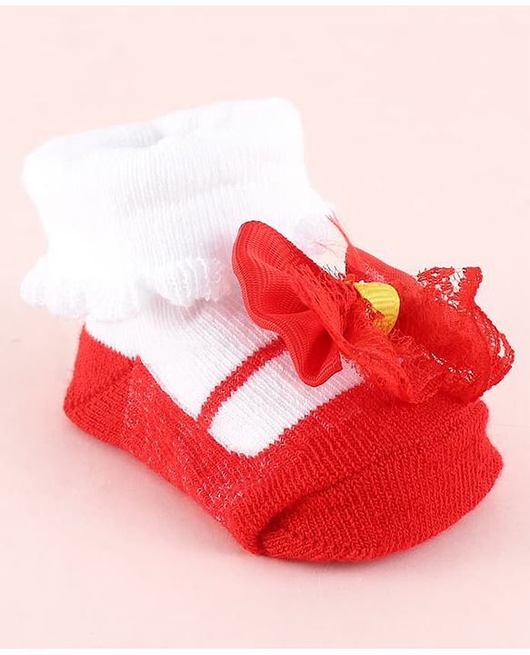 Cute Walk by Babyhug Fabric Socks Shoes With Large Bow Applique - Red