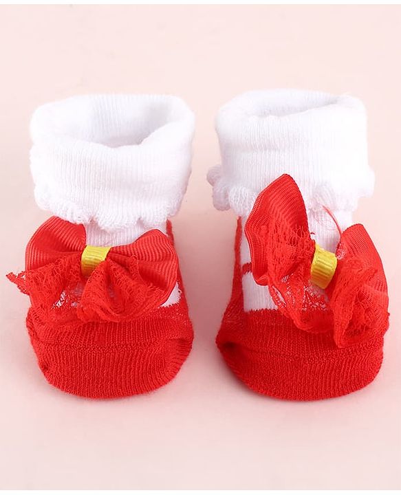 Cute Walk by Babyhug Fabric Socks Shoes With Large Bow Applique - Red
