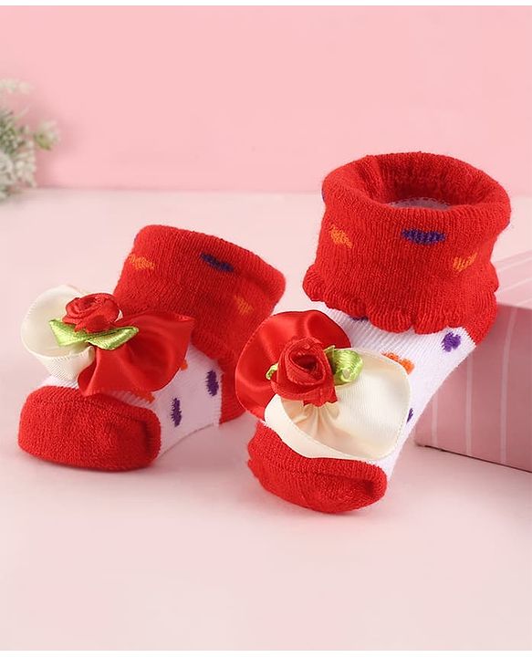 Cute Walk by Babyhug Fabric Socks Shoes With Large Floral Applique - Red
