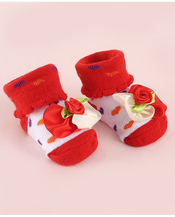 Cute Walk by Babyhug Fabric Socks Shoes With Large Floral Applique - Red