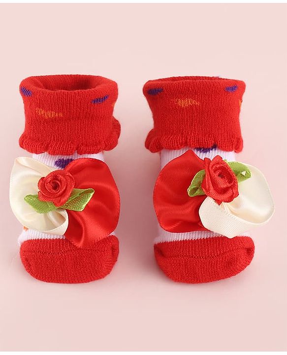 Cute Walk by Babyhug Fabric Socks Shoes With Large Floral Applique - Red