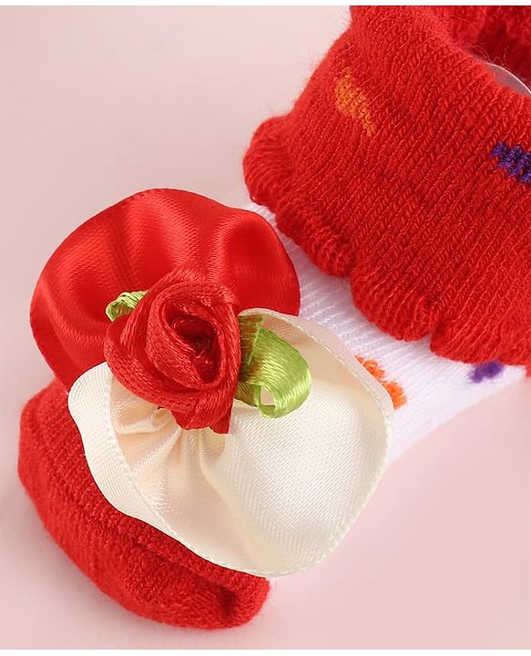 Cute Walk by Babyhug Fabric Socks Shoes With Large Floral Applique - Red