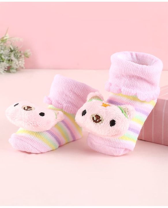 Cute Walk by Babyhug Fabric Socks Shoes With Strips & Large Animal Applique - Pink